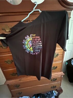 Black Graphic Women’s Tee with Rainbow Sunflower Motivational Print